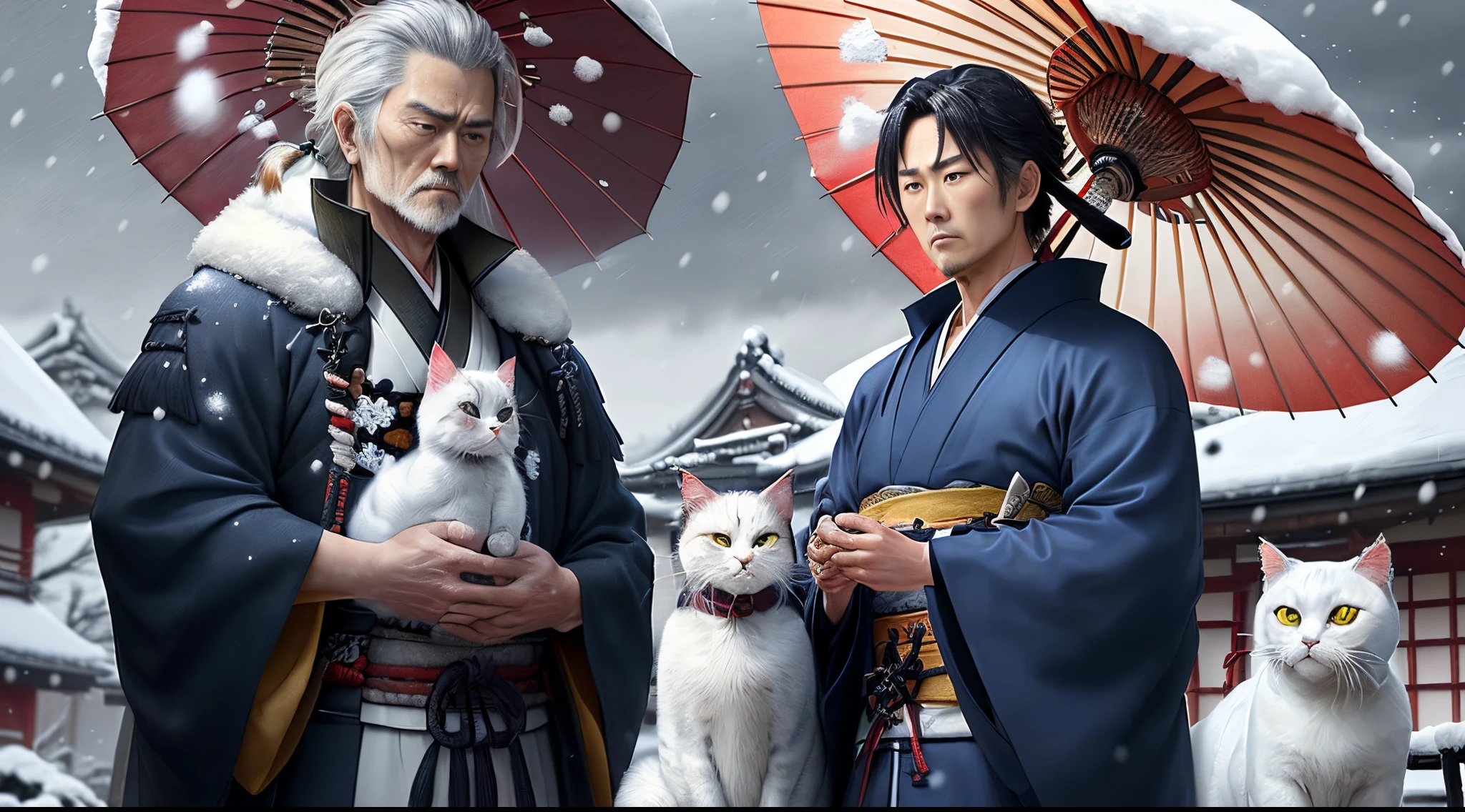 (top-quality)), ((masterpiece))(独奏)(ronin)ember
(I don't have an umbrella)((drama、Cat Attendant))frontage、Upper body kimono dark blue(Tsumugi Oshima)A cool old man who wears(assassin face)(Kazuki Kitamura)((holding a white cat in one hand))、Winters、Expressing sadness with a frontal hairstyle。(Samurai Hair)The world of a silver man with a sword at his waist。monotone、No beard with falling snow、(((Without umbrella)))