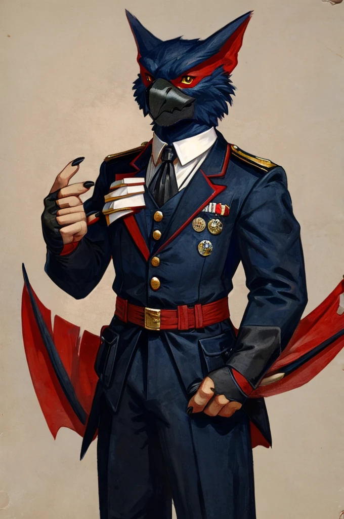 A Nargacuga as a German official posing for a portrait, black-red uniform, fingerless gloves, clawed hands, 1900s photograph,