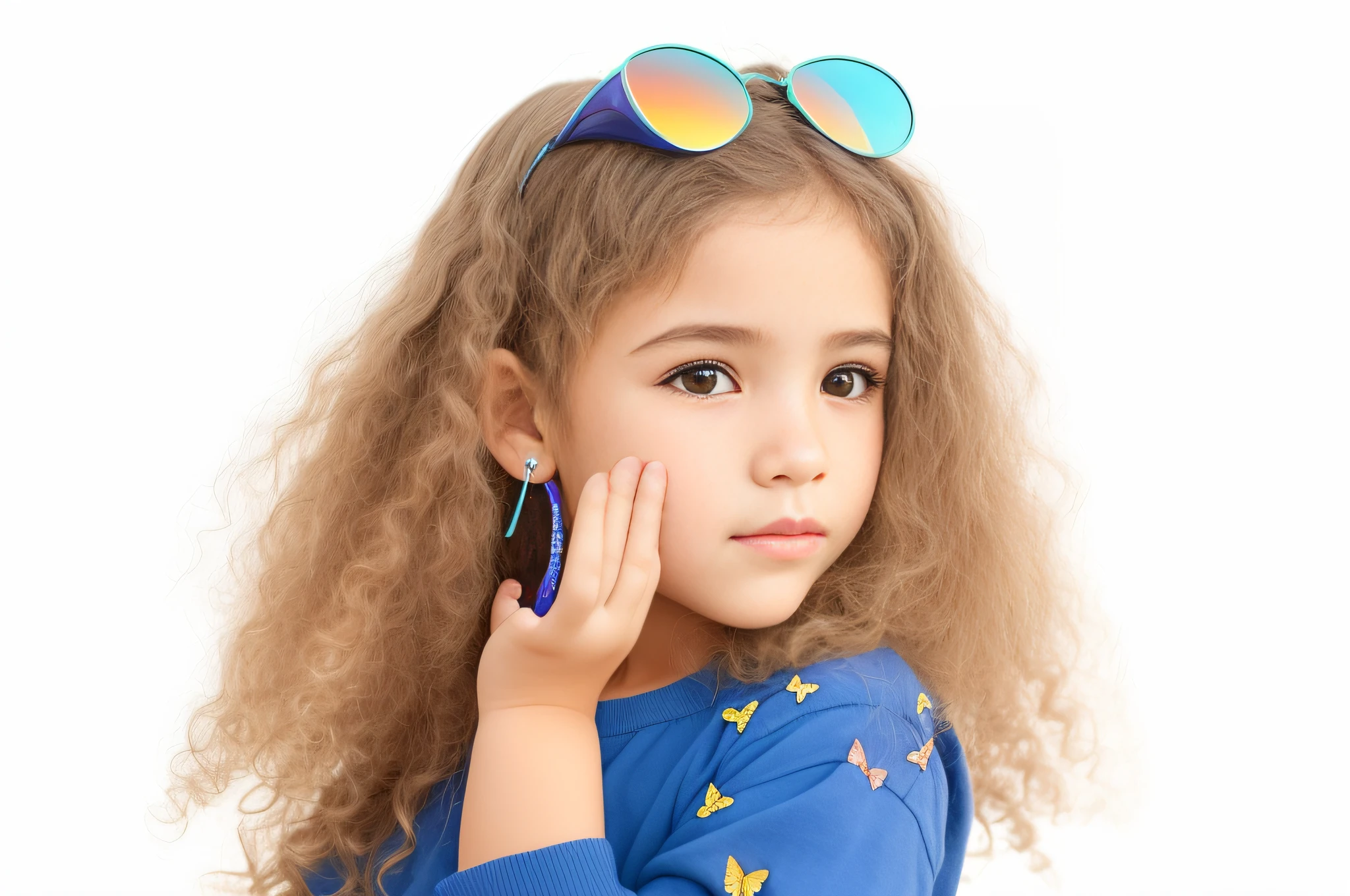 there&#39;s a girl with a butterfly on her head, wearing blue sunglasses, vestindo uma baga azul, cor azul, children playing with pogs, blue sunglasses, olhos azuis turquesa penetrantes, hand on cheek, foto comercial do brinquedo, lindo bonito, joias azuis, Photo Session, menina com cabelo azul, modelagem, next gen, Um retrato de uma menina de olhos azuis