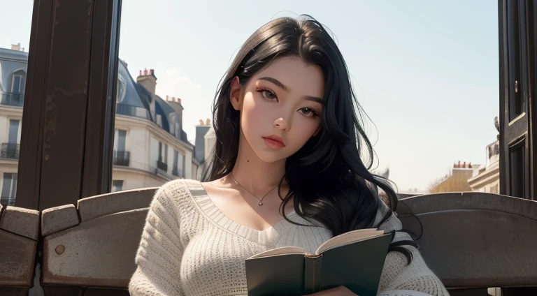 ((best quality)), ((masterpiece)), (detailed), perfect face. A beautiful young woman with long black hair and black eyes siting on a chair and reading a book in paris near Eiffel Tower.