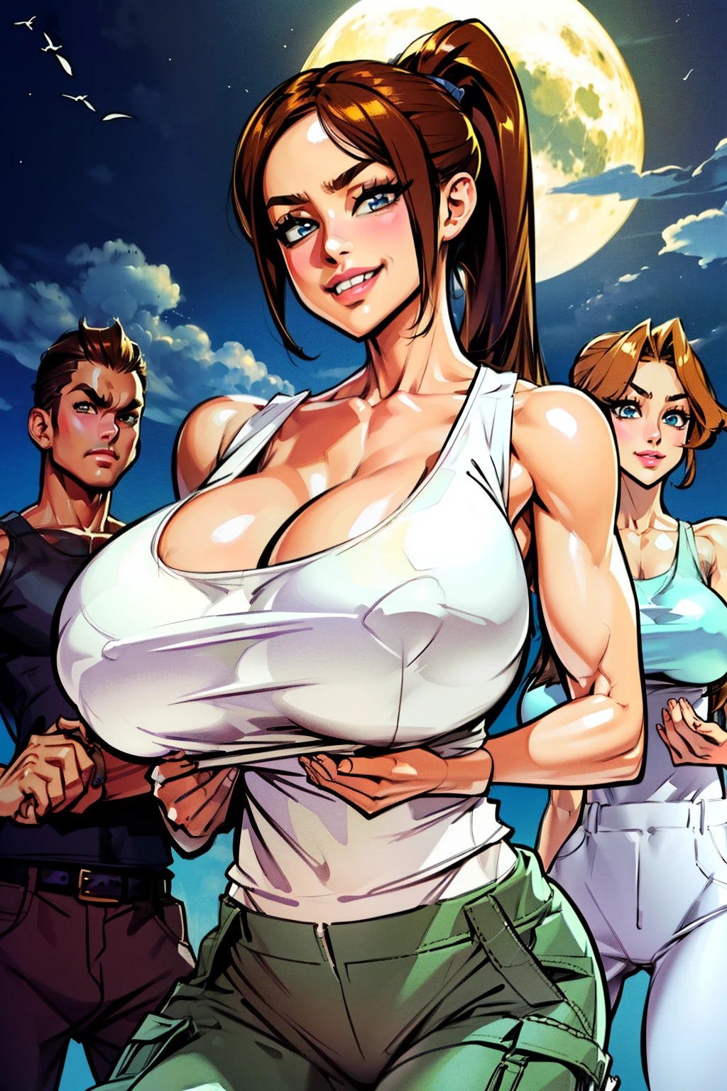 multiple Waifu, mothers gathered , smiling, milfs, masterpiece, curvy, breasts, moon, full moon, gloves, multiple girl, clenched teeth, cleavage, large breasts, teeth, maroon hair, brown hair, grey hair, ((white tank top:1.6)), blue eyes, rating:explicit,rule34, hardcore, tits,(( high ponytail:1.4)), clenched hands, night, sky, ((brown cargo pants:1.4)),(white skin:1.4), bare shoulders, blue hair, clenched hand, rating:questionable, (((multiple  characters:1.5))), belt, solo, angry, lip biting(gigantic and massive tits:1.1), breasts, official illustration, illustration, detailed face, beautiful intricate eyes, curvy milf, 1:2), closeup, titsnipples