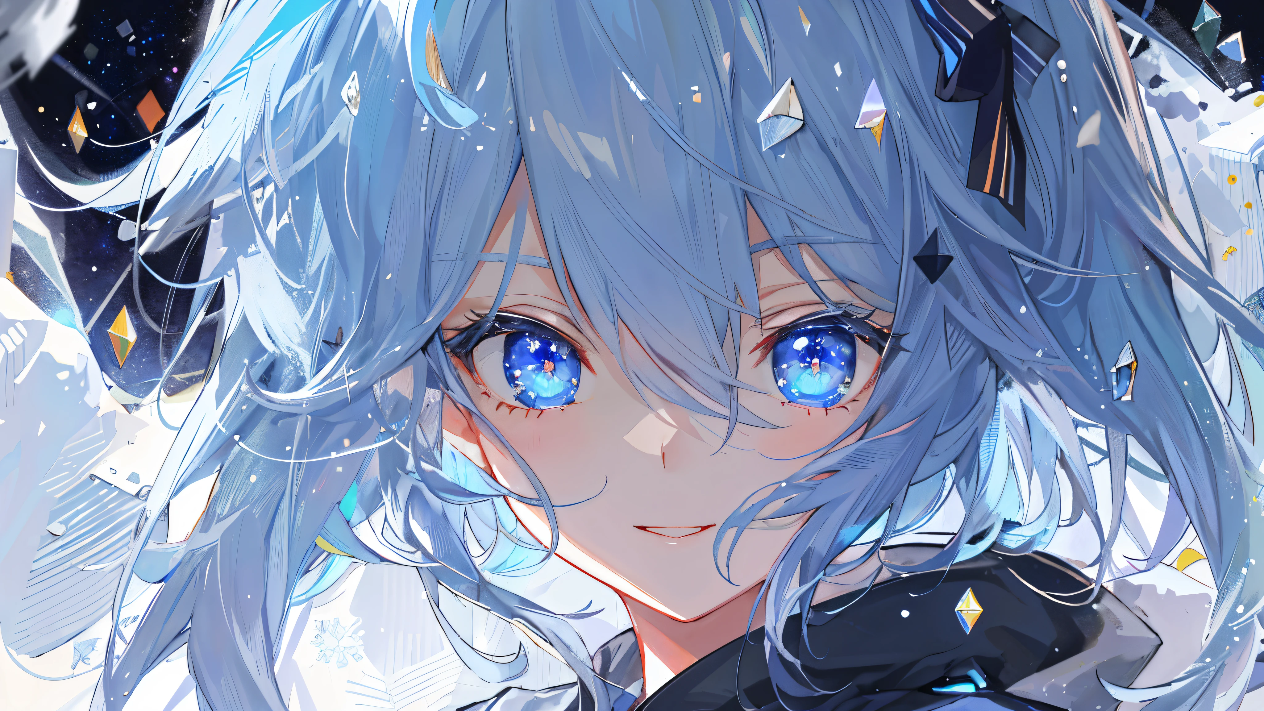 ((top-quality)), ((masterpiece)), ((ultra-detailliert)), (Extremely delicate and beautiful), girl with, 独奏, cold attitude,((Black jacket)),She is very(relax)with the(Settled down)Looks,A dark-haired, depth of fields,Evil smile,Bubble, under the water, Air bubble,bright light blue eyes,inner color with bright gray hair and light blue tips,,,,,,,,,,,,,,,Cold background,Bob Hair - Linear Art, shortpants、knee high socks、White uniform like school uniform、Light blue ribbon ties、Clothes are sheer、Hands in pockets、Bright eyes like sapphire,Fronllesse Blue, A small blue light was floating、Upper Eyes、glass shards、Snowflake eyes、fantastic eyes