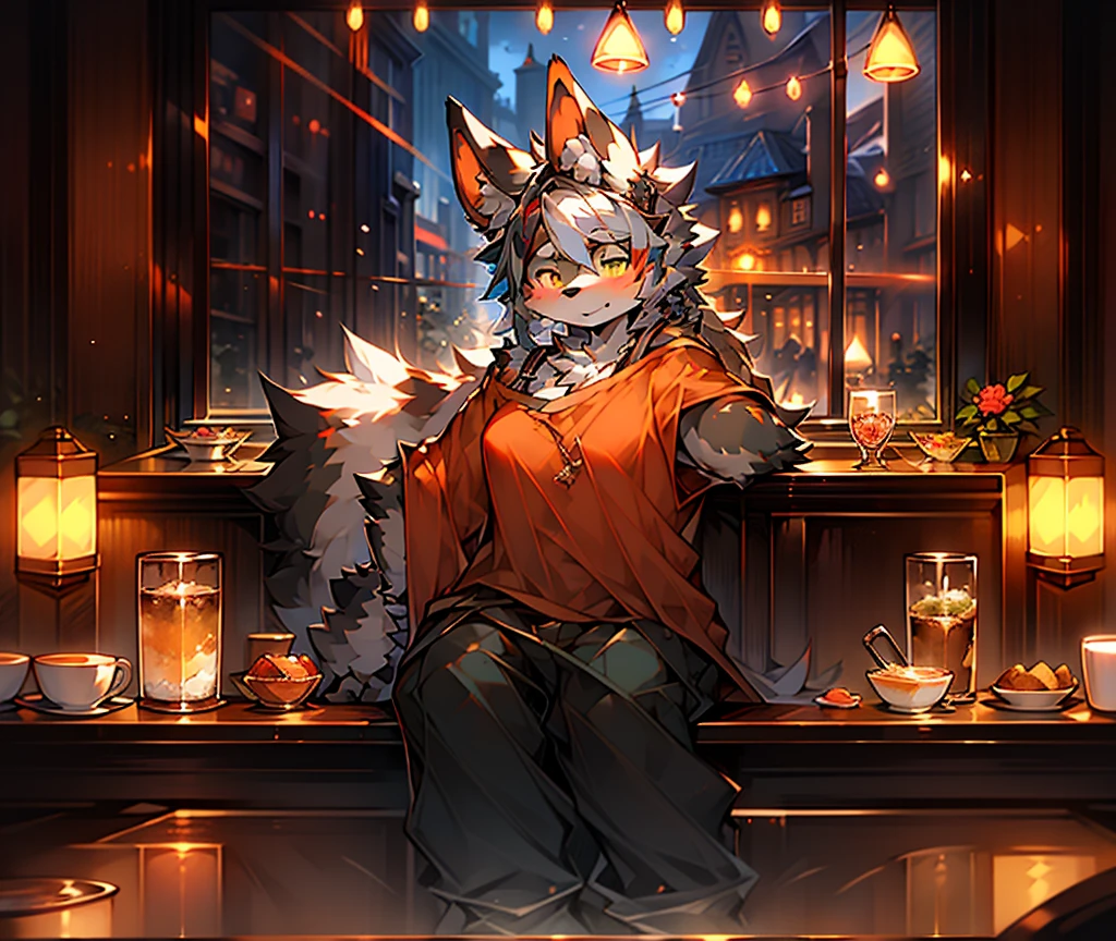 anthro furry male, Australian shepherd, wearing baggy pants and black t-shirt+, cafe hotel, window view, serving coffee, green and red apron, by Zackary911, by Wizzkit, by anixs, detailed feminine male body, high quality, anatomically correct, detailed face, fluffy hair, detailed background, masterpiece, 4k hd, cg, cafe and rest, ((night)), moonlight through window, solo