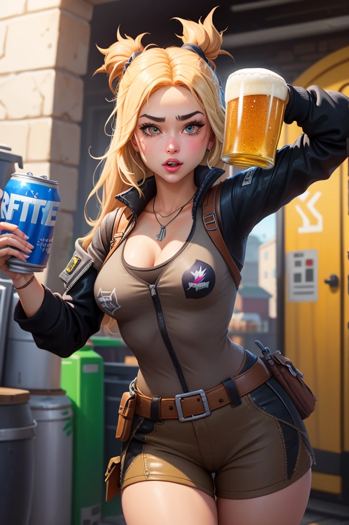 best quality, 8k, woman,blonde,beautiful,big eyelashes, little smile, looking to observer, cleavage,gray militar camouflage leotard over beige bodystocking, holding one beer glass