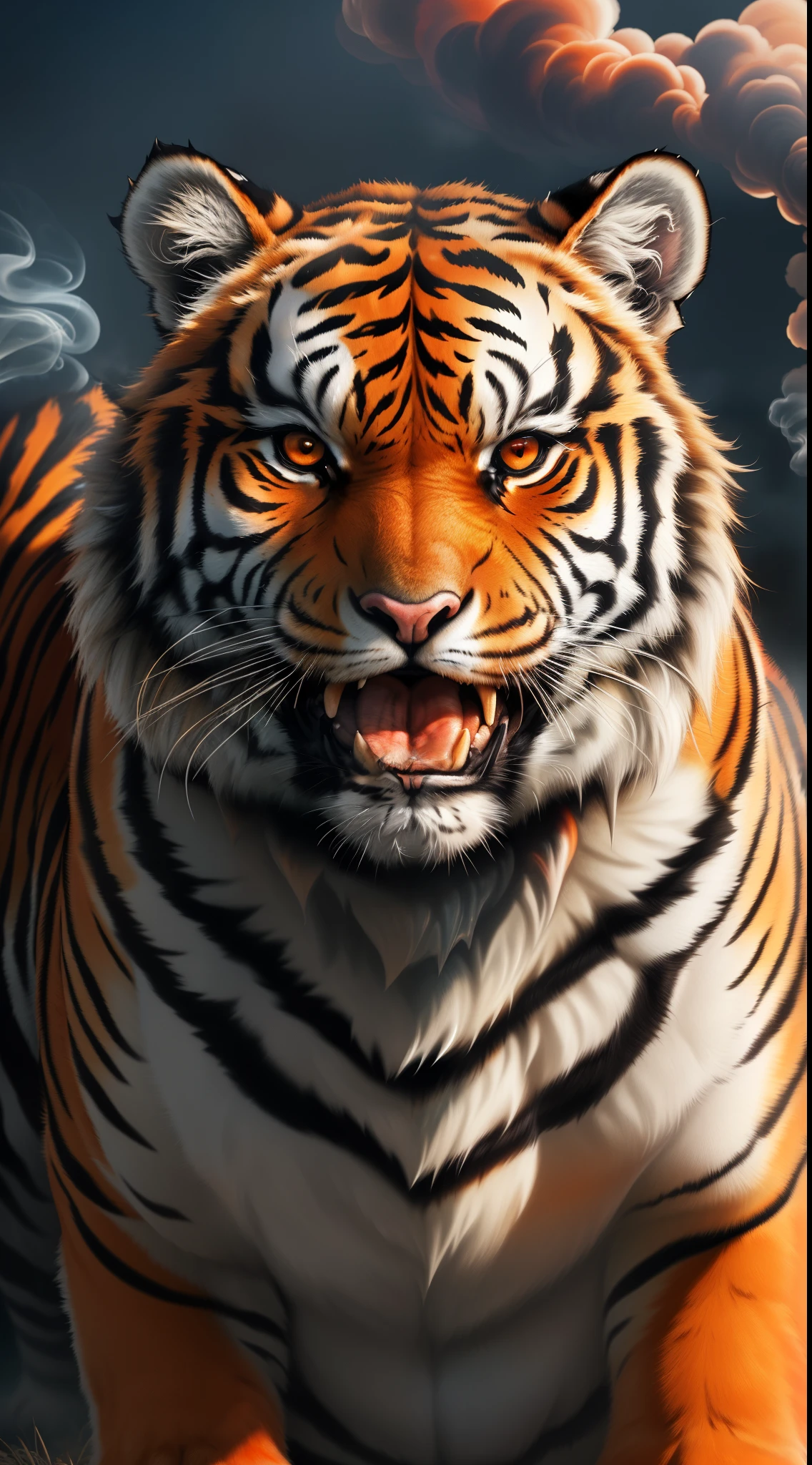 1 digital image, of a lovely fat tiger, orange and red tiger surrounded by gray smoke,, cunning red eyes slyly looking towards the camera, photorealistic style, 4k , angry, mouth open