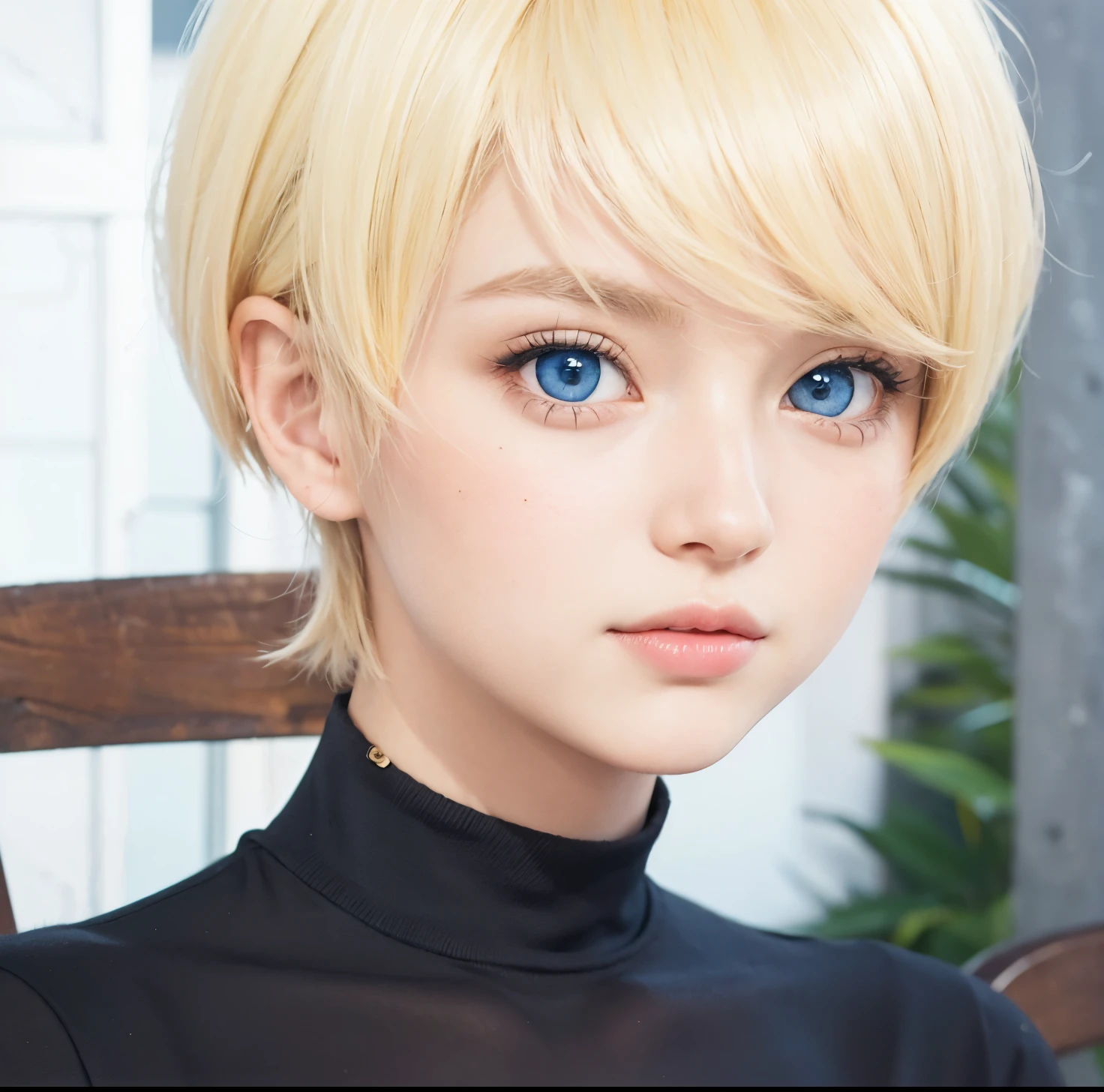 A girl with realistic short blonde hair, (same realistic hairstyle), realistic beautiful face, realistic cool expression, adapts equally realistic clothes,realistic light, realistic shadows, realistic background, good image quality, very good image results, 4k, ultra detailed, realistic,Realistic blue eyes