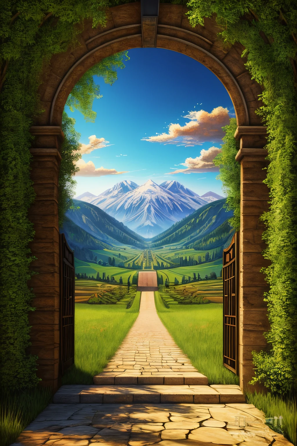 Photo theatre backdrop featuring the entrance to heaven digital art style painting, highly detailed landscape