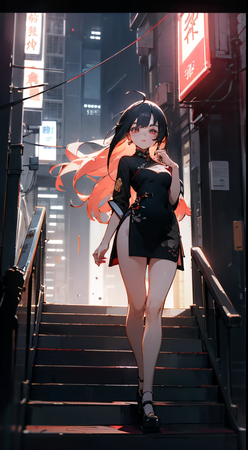 Amidst the bustling streets of a neon-lit cyberpunk metropolis, a young anime girl with flowing hair and piercing eyes strides confidently, her qipao blending seamlessly with the futuristic cityscape. Her qipao is a vision of modern elegance, its traditional silhouette enhanced with sleek metallic accents and glowing neon threads. As she navigates the vibrant crowds, her every step exudes a captivating blend of tradition and innovation, anime style, wallpaper 8k, intricated detailed, very detailed, high quality, ultra HD res