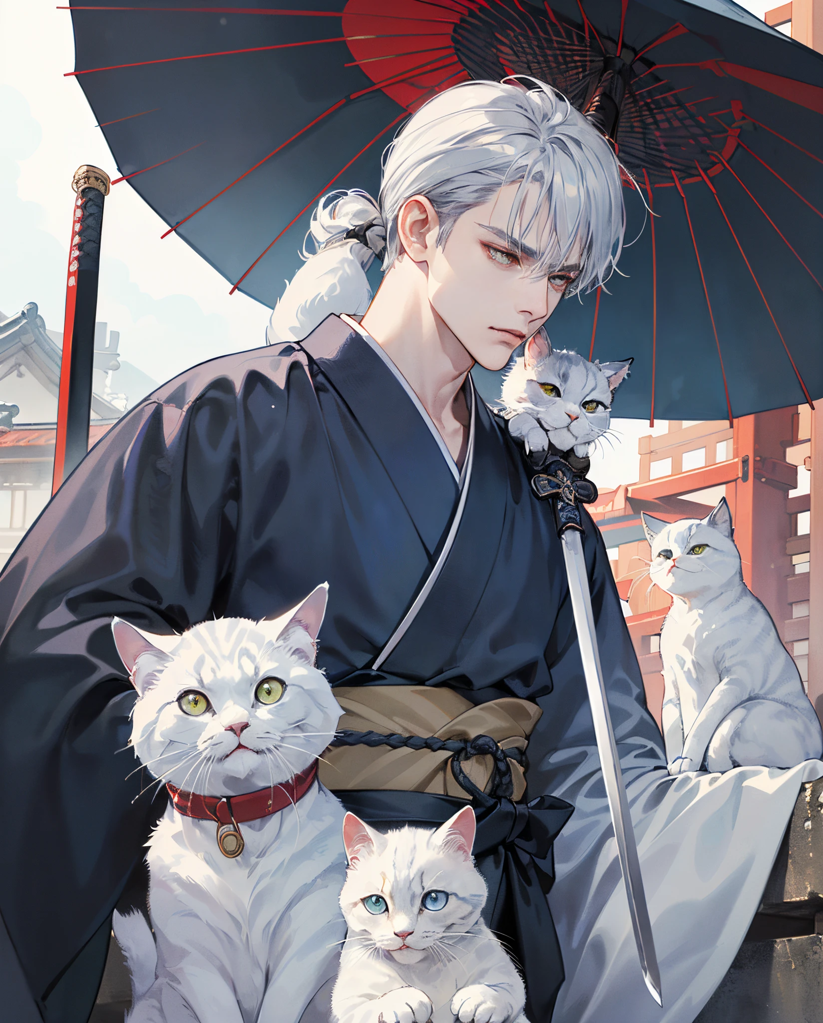 (top-quality)), ((​masterpiece))（独奏）（ronin）one man alone
((drama、Cat Attendant)）frontage、Upper body kimono dark blue(Tsumugi Oshima）A cool old man who wears(assassin face）（Kazuki Kitamura）（（holding a white cat in one hand））、Winters、Expressing sadness with a frontal hairstyle。(Samurai Hair)The world of a silver man with a sword at his waist。monotone、
Beardless、（（（Without umbrella）））