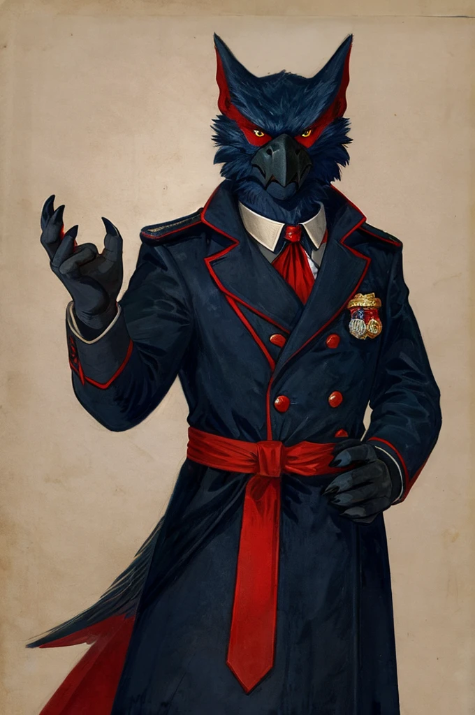 A Nargacuga as a German official posing for a portrait, black-red uniform, fingerless gloves, clawed hands, 1900s photograph, long coat,