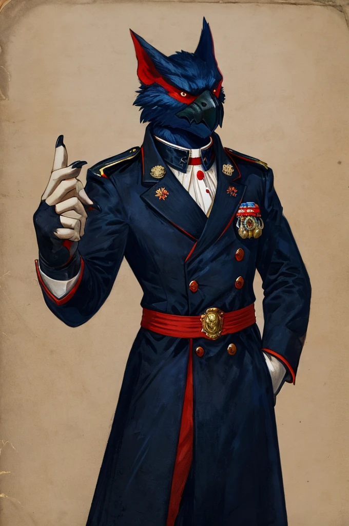 A Nargacuga as a German official posing for a portrait, black-red uniform, fingerless gloves, clawed hands, 1900s photograph, long coat,
