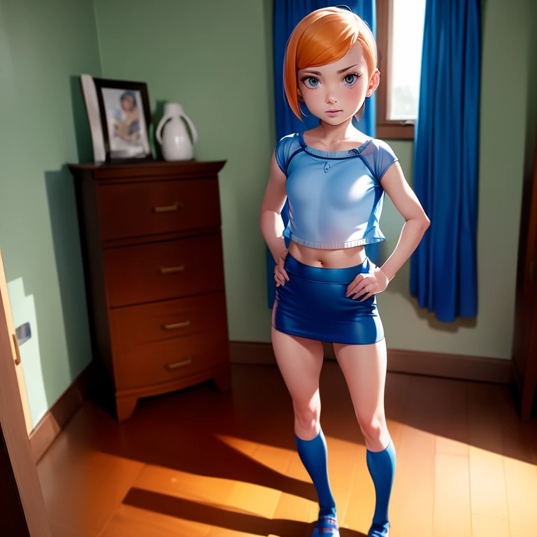 ((Gwen tennyson)), loli, tight clothing, blue crop top, miniskirt, standing, inside bedroom