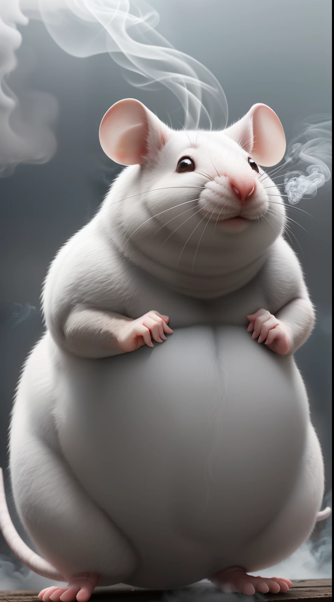 1 digital image, of a lovely fat mouse, gray white mouse surrounded by gray smoke,, cunning red eyes leeringly looking towards the camera, realistic shooting style, 4k