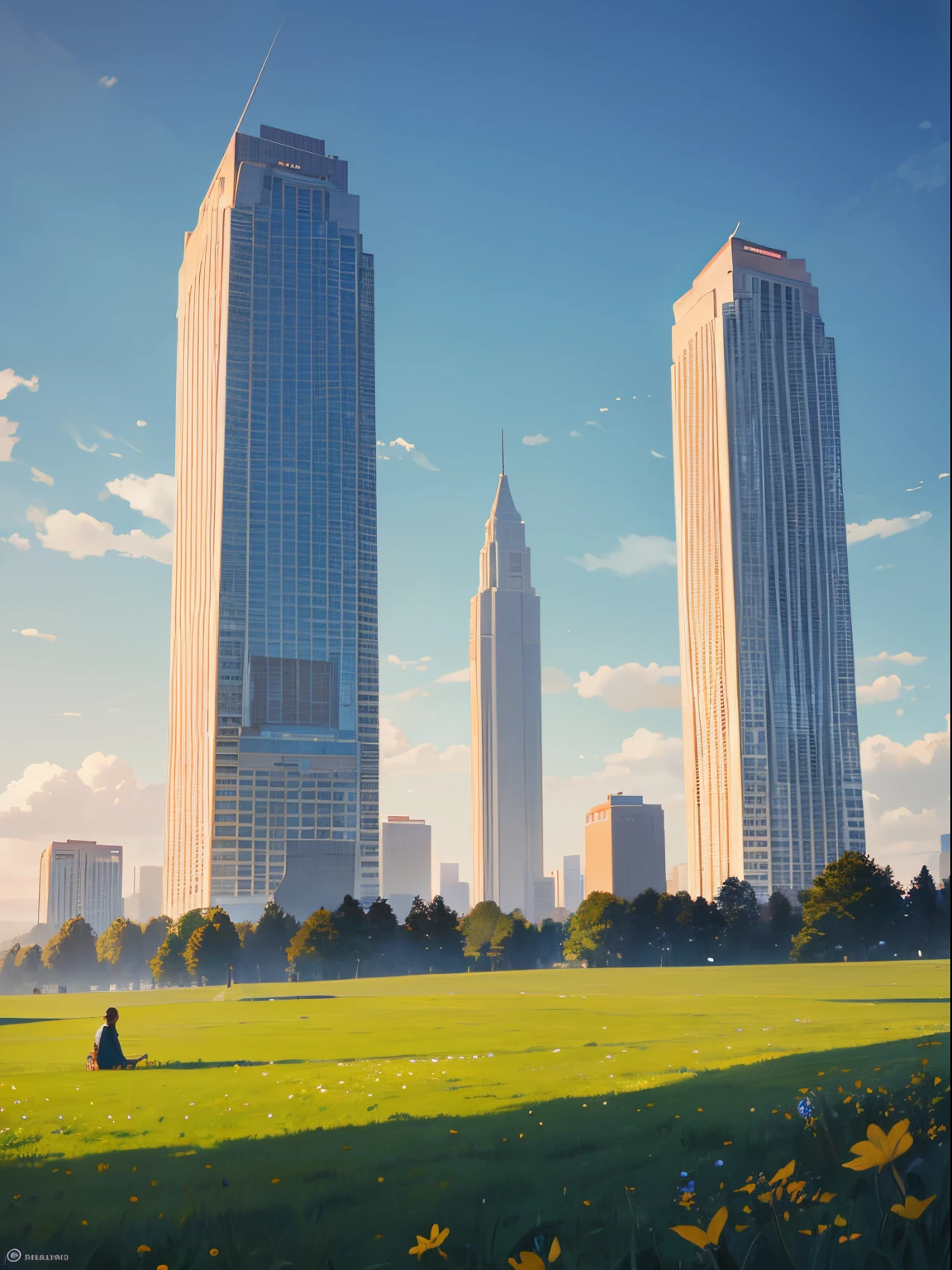 Meadow, large, wide angle, tall twin tower, no one, far view
