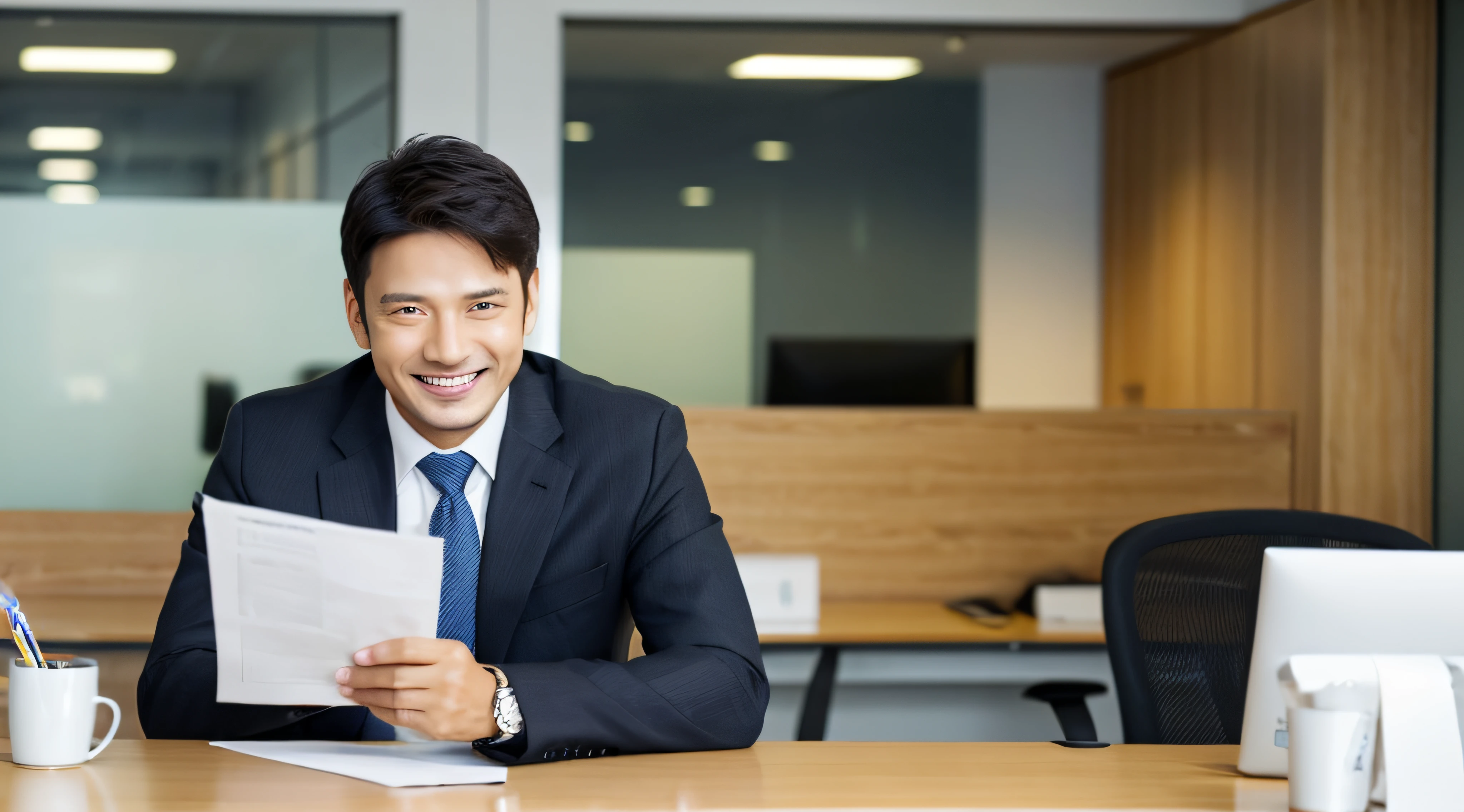 meeting room, office, cleanliness, male, office worker, Japan, twenties, youth, refreshing, smile, table, material on table, black hair, watch, gray suit, interview, left hand on the table, 左手で資料を持つ、銀の腕時計
