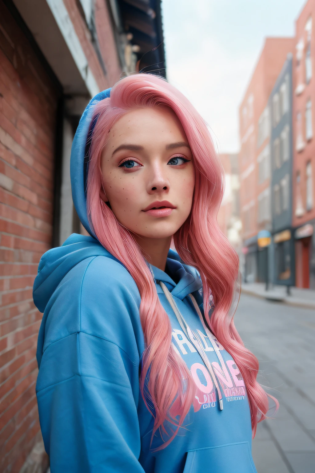 beautiful college girl, wearing hoodie, looking at viewer, pink hair, solo, tattoo on face, upper body, detailed background, town, alley, hyper detailed, detailed face, candid photo POV, by lee jeffries, nikon d850, film stock photograph ,4 kodak portra 400 ,camera f1.6 lens ,rich colors ,hyper realistic ,lifelike texture, dramatic lighting , cinestill 800,