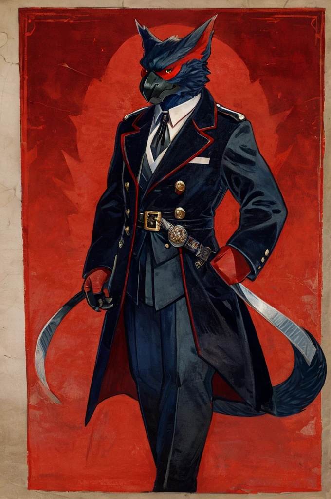 A Nargacuga as a German official posing for a portrait, black-red uniform, fingerless gloves, clawed hands, 1900s photograph, long coat, red outlining,