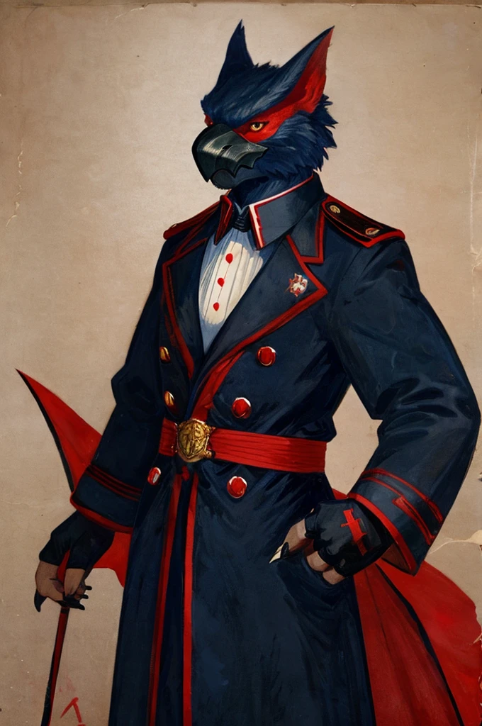 A Nargacuga as a German official posing for a portrait, black-red uniform, fingerless gloves, clawed hands, 1900s photograph, long coat, red outlining,