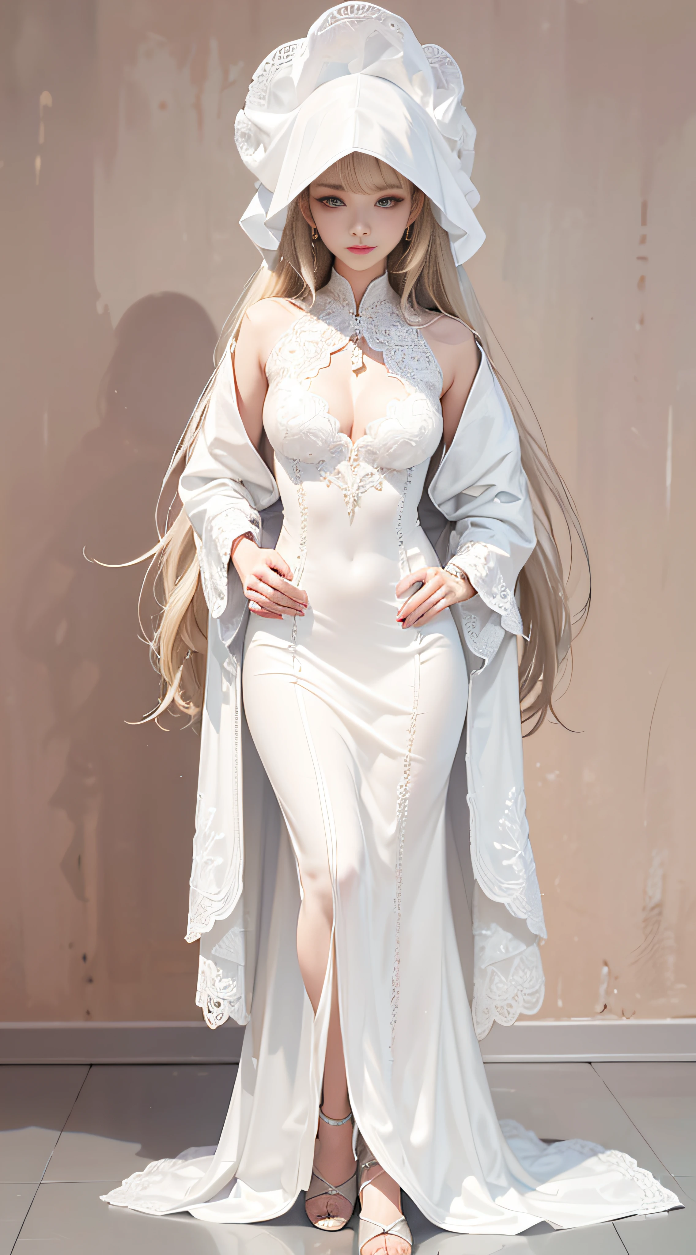 Whole body、8K、realphoto、超A high resolution, Master Parts, Best Quality, nffsw , cinematic images,Lovely girl、ann、16years old、Anglo-Saxon、Green eyes、二重まぶた、very droopy eyes、(very, Very big eyes:1.8)、Dark eye shadow、The lips are very thin、The tip of the nose stretches beautifully......、the tip of the nose is small,,,,, ighly detailed , Gold Hair、Straight hair、Very smile、 Sweet look 、a very beautiful woman、legs are long、 Very clear shadows , jewely , A detailed eye, very intricate, shiny skins , Perfect Brilliant, Perfect Lighting, Dramatic shadows 、She is wearing a long white silk dress with three layers。。。..Silver embroidery covers the entire surface of a long white silk dress.、lace white dress is very long、White high heels、Hold a closed white fan with both hands、The head has a large white round hood、red flowers in ears