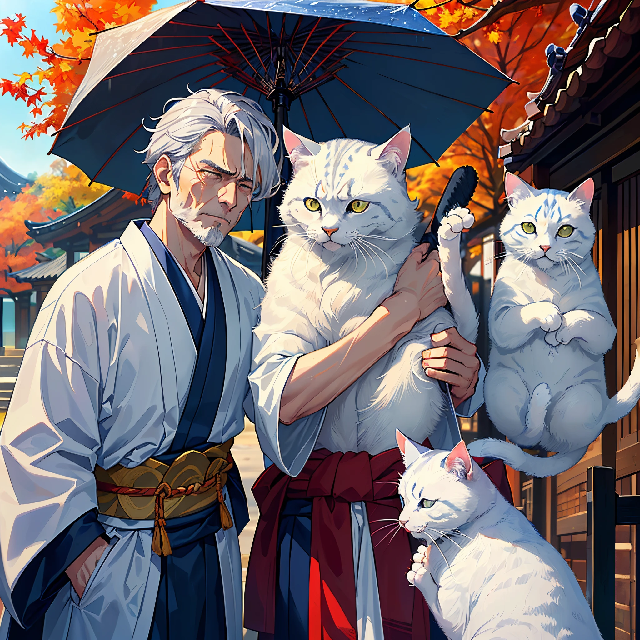 (top-quality)), ((masterpiece))(独奏)(ronin)one man alone
((drama、Cat Attendant))frontage、Upper body kimono dark blue(Tsumugi Oshima)A cool old man who wears(assassin face)(Kazuki Kitamura)((Holding a white cat in one hand))、autumnal、Expressing sadness with a frontal hairstyle。(Samurai Hair)The world of a silver man with a sword at his waist。monotone、
Beardless、(((Without umbrella)))