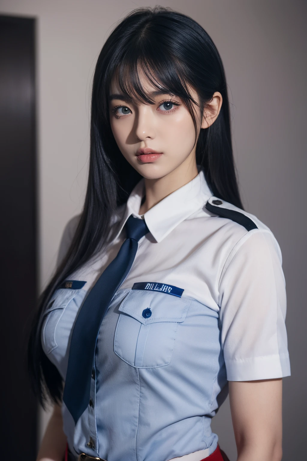 tmasterpiece,Best quality at best,A high resolution,8K,(portrait),(Close up of avatar),(RAW photogr),real photograph,digital photography,(girl in police uniform),19 year old girl,long whitr hair,By bangs,(Blue and red gradient hair),(Red eyes),adorable captivating,shy,Be red in the face,cleavage,A plump chest,badges,simple clothing patterns,Keep your mouth shut,Blushing and shy,(police officers),Photo pose,Realistic,gray world background,oc render reflection texture