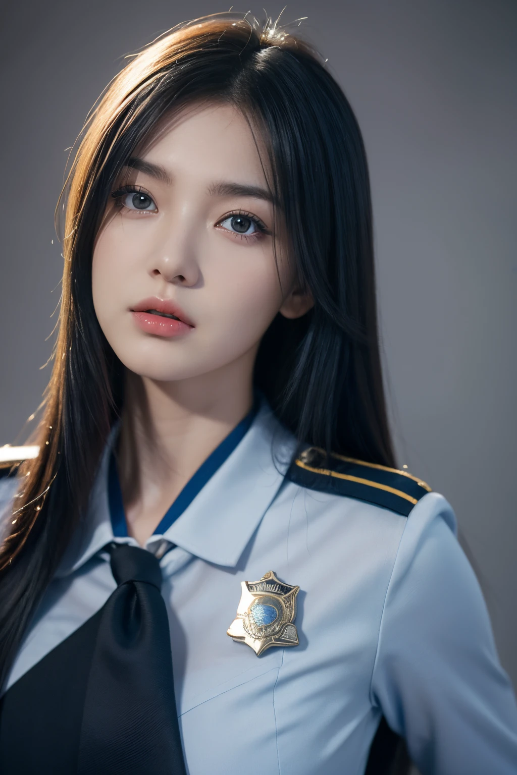 tmasterpiece,Best quality at best,A high resolution,8K,(portrait),(Close up of avatar),(RAW photogr),real photograph,digital photography,(girl in police uniform),19 year old girl,long whitr hair,By bangs,(Blue-red gradient hair),((Red eyes)),elegant and charming,cleavage,A plump chest,badges,simple clothing patterns,Keep your mouth shut,Calm and serious,(police officers),Photo pose,Realistic,gray world background,oc render reflection texture