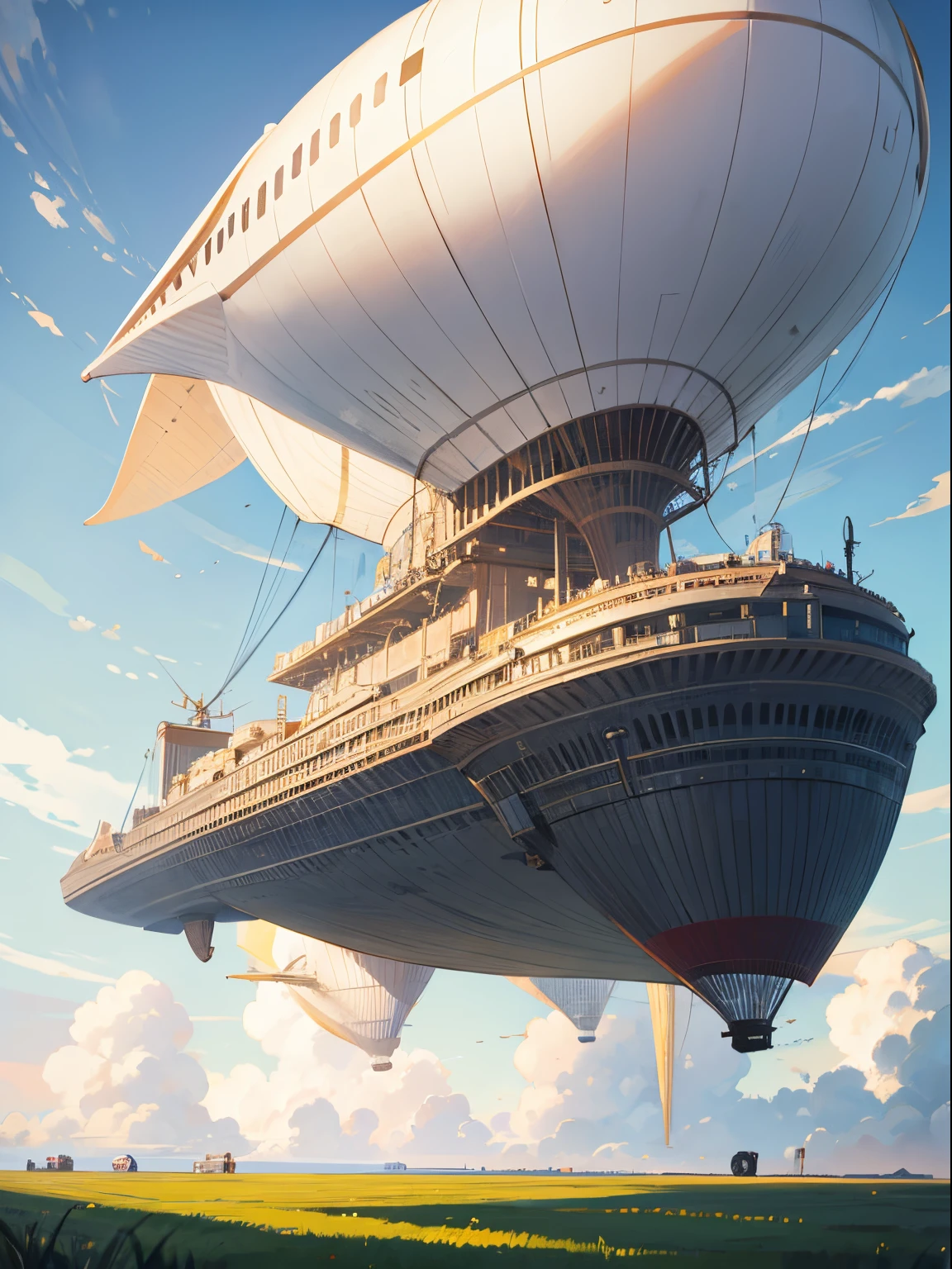 Meadow, large, wide angle, big airship on sky, no one, far view