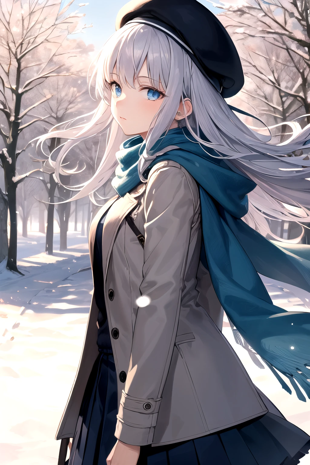 solo girl, 20 years old, from side, looking at viewer, long hair, silver hair, light blue eyes, medium breast,fluffy Scarf,coat,beret,pleated skirt, dark blue clothes, outdoors, flowing wind, tree, snow, Best Quality, High resolution, Extremely detailed, Detailed background, Perfect Lighting