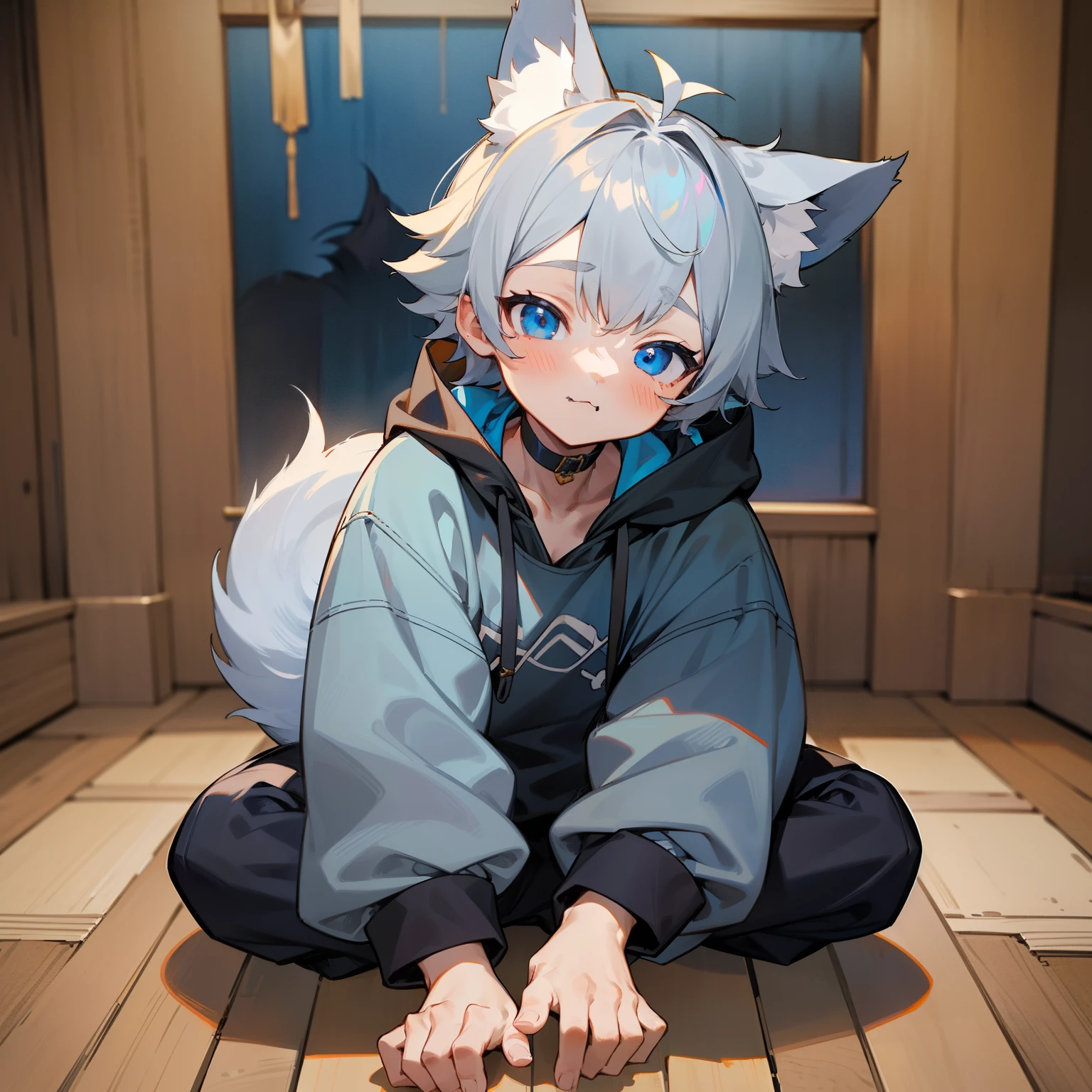 (1boy), (Shota), (HD quality, masterpiece level), Cute Teen Characters, Dark gray hair, Blue eyes, (Wolf ears), (Wolf tail), one tail, (No ears), (Little Boy), (Ears are covered), (hair covered ear), a pinch of blue bangs, fully body photo, chubby face, Random expressions, pretty feet