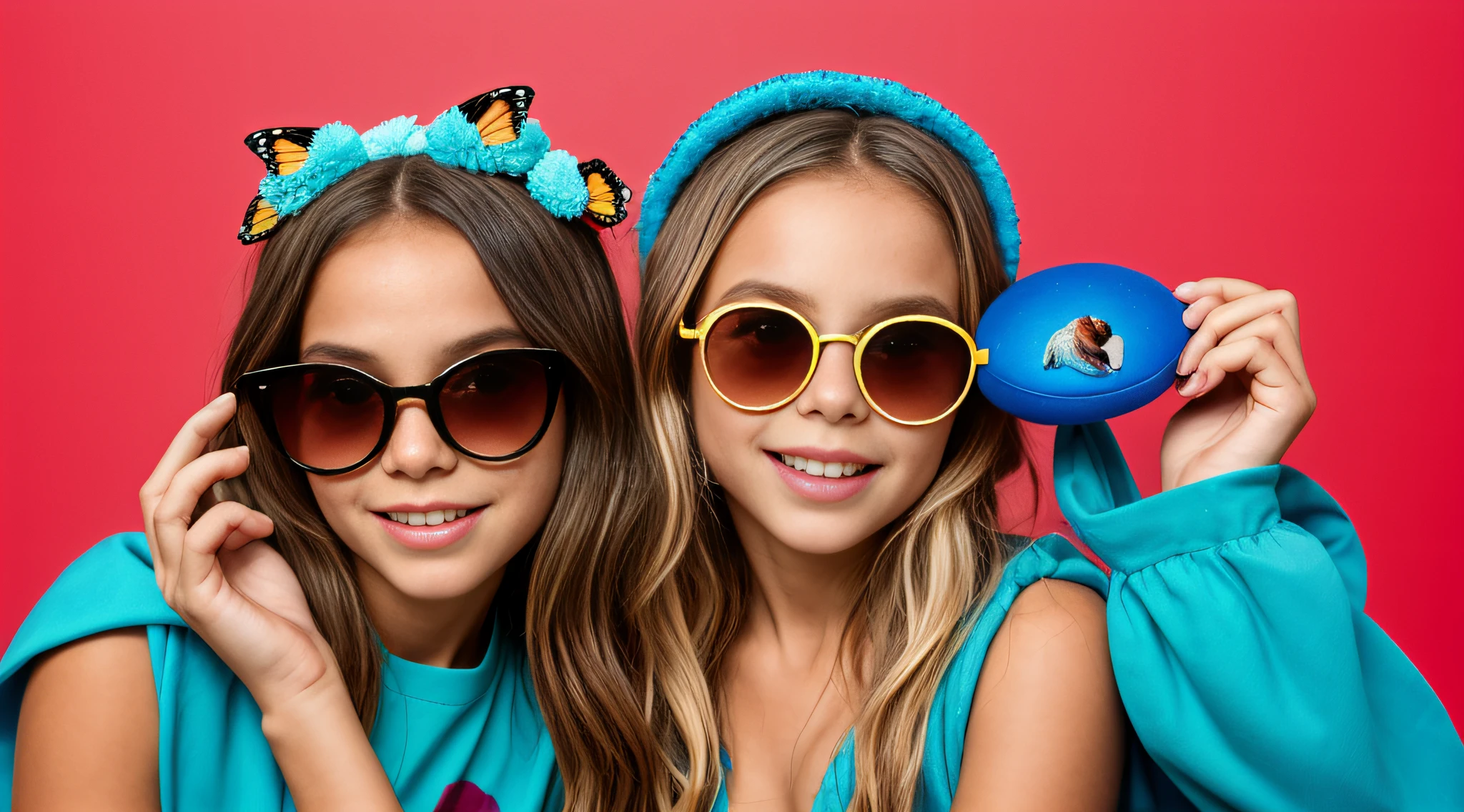 There'a girl with a butterfly on her head, wearing blue sunglasses, vestindo uma baga azul, cor azul, children playing with pogs, blue sunglasses, olhos azuis turquesa penetrantes, hand on cheek, foto comercial do brinquedo, lindo bonito, Photo Session, fundo vermelho