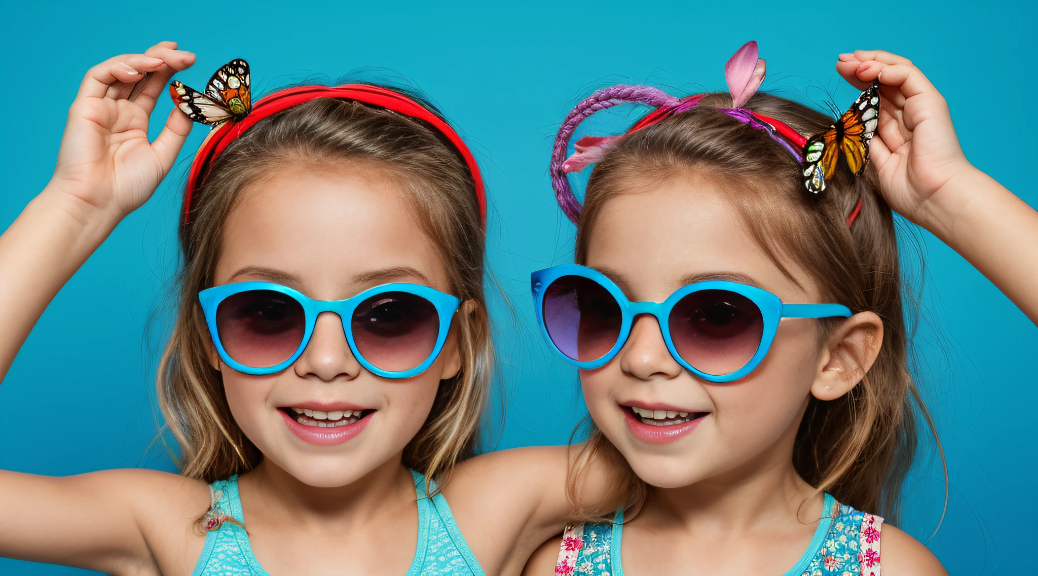 There&#39;a girl with a butterfly on her head, wearing blue sunglasses, vestindo uma baga azul, cor azul, children playing with pogs, blue sunglasses, olhos azuis turquesa penetrantes, hand on cheek, foto comercial do brinquedo, lindo bonito, Photo Session, fundo vermelho