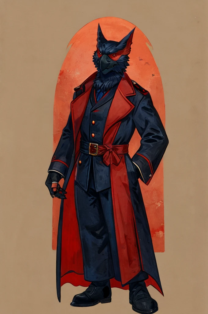 A Nargacuga as a German official posing for a portrait, black-red uniform, fingerless gloves, clawed hands, 1900s photograph, long coat, red outlining, padded fingers, pawpads,