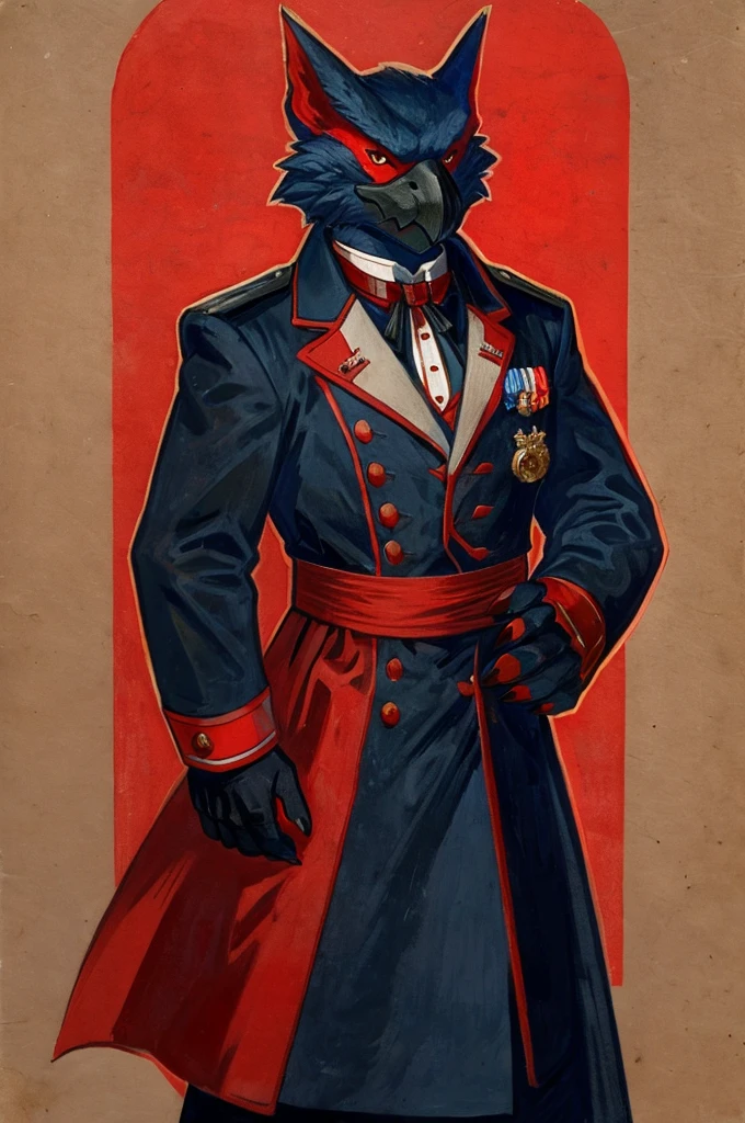 A Nargacuga as a German official posing for a portrait, black-red uniform, fingerless gloves, clawed hands, 1900s photograph, long coat, red outlining, padded fingers, pawpads,