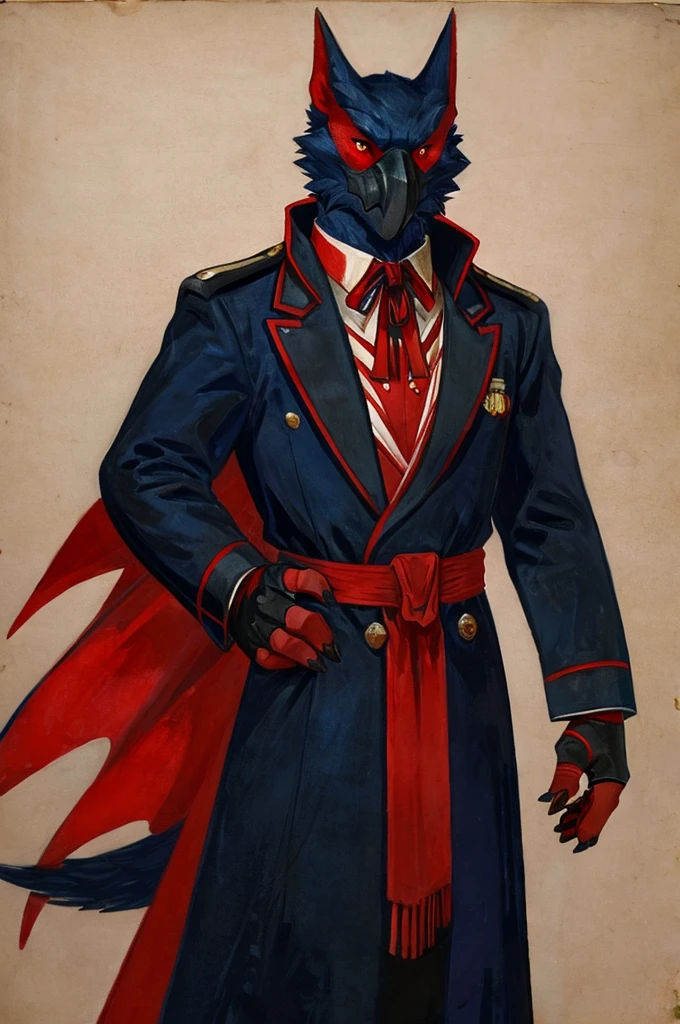 A Nargacuga as a German official posing for a portrait, black-red uniform, fingerless gloves, clawed hands, 1900s photograph, long coat, red outlining, padded fingers, pawpads,