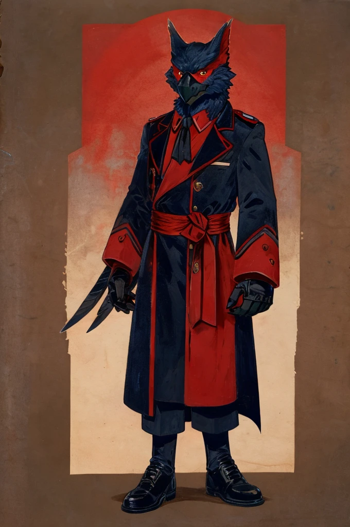 A Nargacuga as a German official posing for a portrait, black-red uniform, fingerless gloves, clawed hands, 1900s photograph, long coat, red outlining, padded fingers, pawpads,