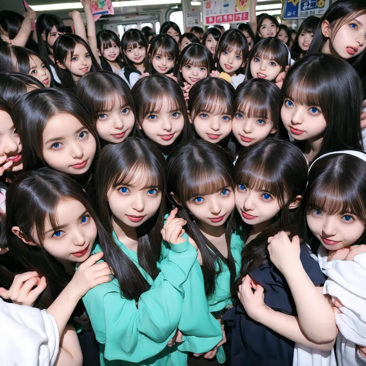 Raw photo、(((multiple girls))),((((6+girls)))),((((1000girls)))),(((10000girls)))、(((crowd shot))),((a baby face)),(((Adhesion)))、((Crammed))、((Packed))、elementary student、(Inside the crowded train)、(((6 years old)))、Women only、japanes、((Same height))、The same face、((A dark-haired)),Longhaire、1000 cute women hugging and loving each other、(((Large group)))、((chiquita))、sweating、A crowded train full of ***********s