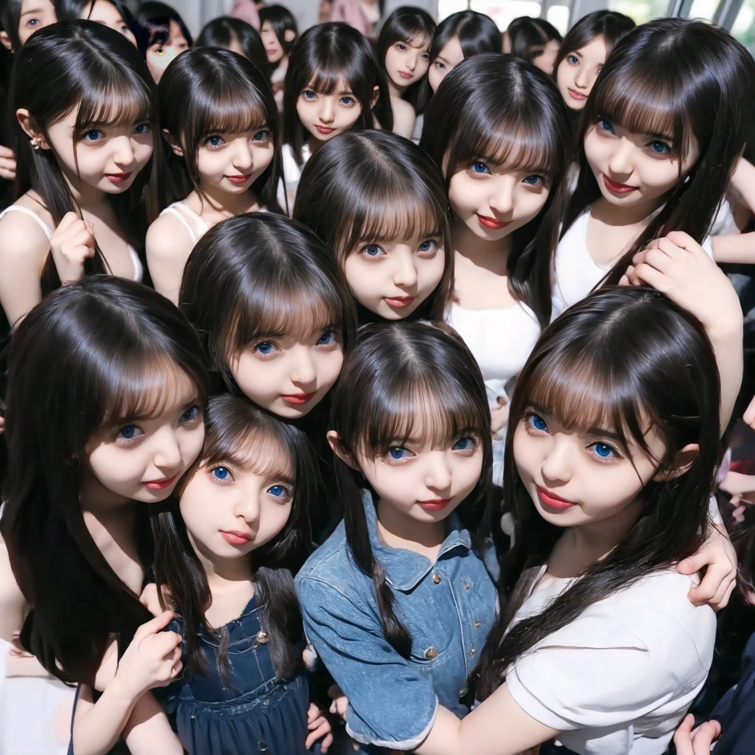 Raw photo、(((multiple girls))),((((6+girls)))),((((1000girls)))),(((10000girls)))、(((crowd shot))),((a )),(((Adhesion)))、((Crammed))、((Packed))、elementarthe crowded train)、(((6 years old)))、Women only、japme height))、The same face、((A dark-haired)),Longhaire、1000 cute women hugging and loving each other、(((Large group)))、((chiquita))、sweating、A crowded train full of little girls