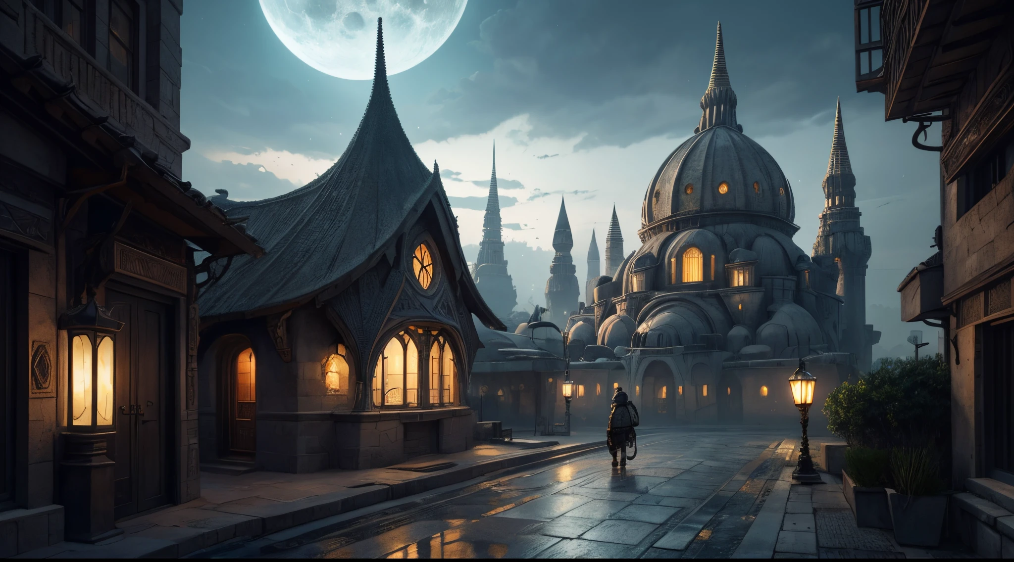 (hightquality、in 8K、Ulutra HD, distant starlight,)、Dark Fantasy, The fantastic scenery, highly detailed landscape, Moonlight, Alien City The Future of Science Fiction, dark art, Dystopian atmosphere, Mechanical and retro world, land like cappadocia, light from building windows, Strange architecture and streets inspired by Antonio Gaudi, dark sky, Overcast sky, grey sky, elephant art style、intricate and detailed watercolor painting、Digital Painting、concept-art、Stereoscopic lighting、 TanvirTamim、metal reflective、2d render、Art Germ、ArtStat Trends