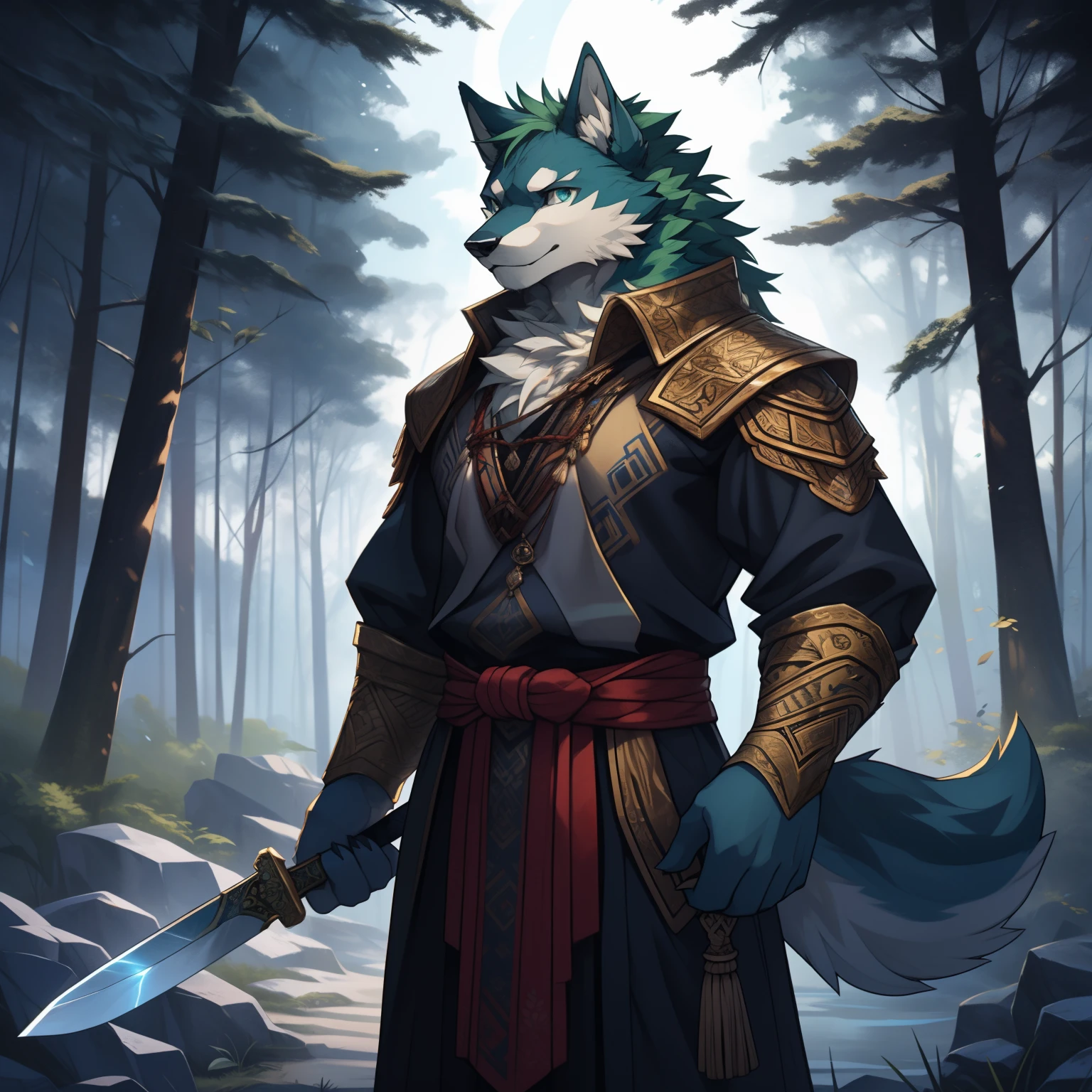 1. Furry, light green wolf, short light green hair
2. Blue eyes, sharp gaze
3. Elegant pose, standing tall
4. Enchanted forest background
5. Soft glowing light, casting a mysterious atmosphere

(best quality, ultra-detailed), (realistic:1.37)
Medium: Digital painting
Additional details: Fluffy fur, subtly patterned with intricate designs
Art style: Fantasy creature
Color tone: Light blue with hints of green and silver
Lighting: Soft rays of moonlight filtering through the dense foliage Notes：
1. Extremely detailed descriptions of eyes and facial features，Prevent the generated image from irregular deformation。
2. Added a neutral name to describe the short sword，Avoid generating different shaped tools in images。
3. Image background with mystical enchanted forest，It gives a mysterious feeling。
4. Tags for image quality and level of detail，to ensure that the generated images are of high quality and realistic。
5. Use an appropriate art style、Color tints and lighting to enhance the resulting image。