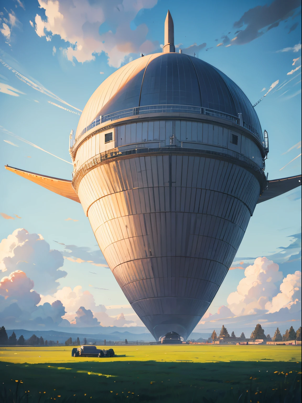 Meadow, large, wide angle, big airship on sky, no one, far view