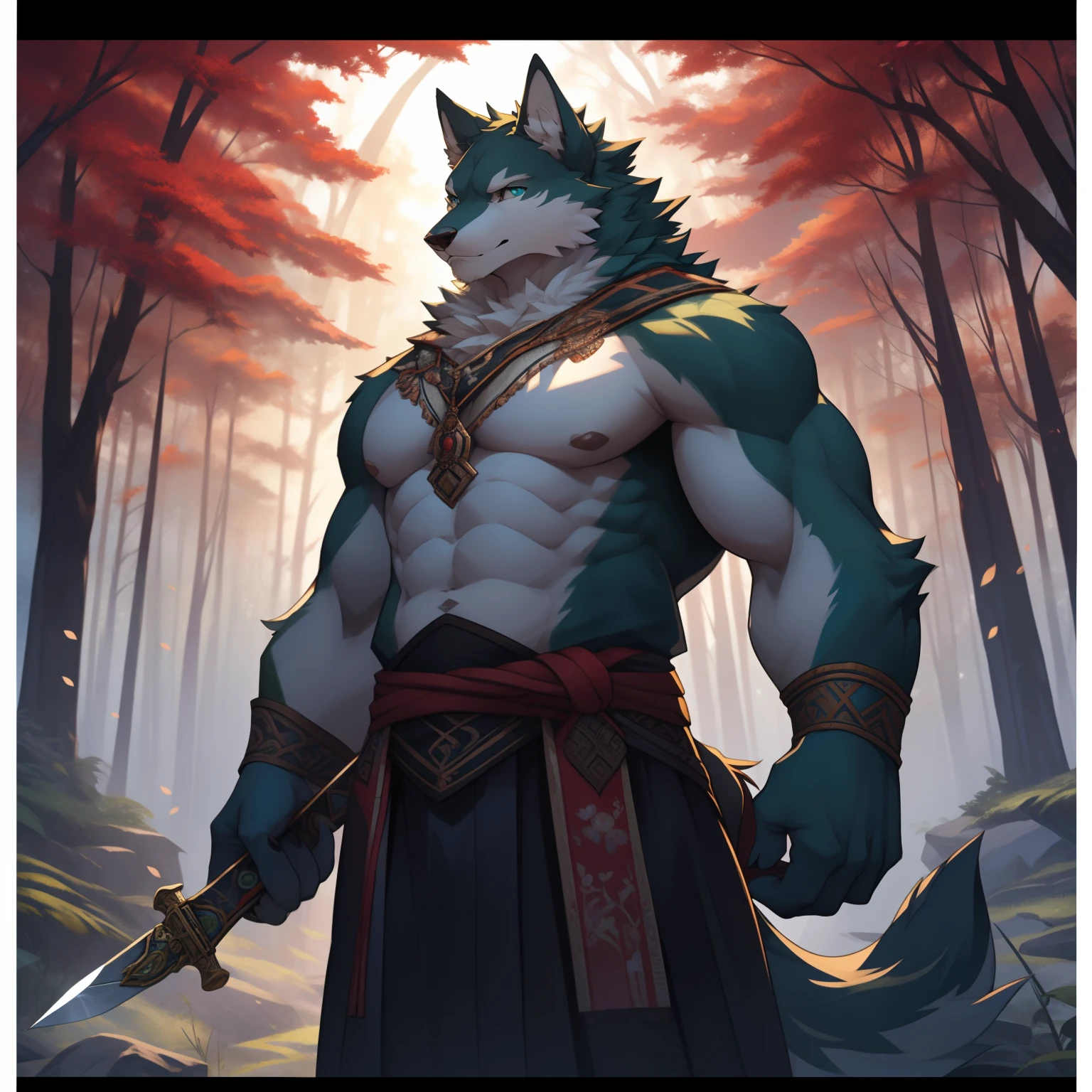 1. Furry, light green wolf, short light green hair
2. Blue eyes, sharp gaze
3. Elegant pose, standing tall
4. Enchanted forest background
5. Soft glowing light, casting a mysterious atmosphere

(best quality, ultra-detailed), (realistic:1.37)
Medium: Digital painting
Additional details: Fluffy fur, subtly patterned with intricate designs
Art style: Fantasy creature
Color tone: Light blue with hints of green and silver
Lighting: Soft rays of moonlight filtering through the dense foliage Notes：
1. Extremely detailed descriptions of eyes and facial features，Prevent the generated image from irregular deformation。
2. Added a neutral name to describe the short sword，Avoid generating different shaped tools in images。
3. Image background with mystical enchanted forest，It gives a mysterious feeling。
4. Tags for image quality and level of detail，to ensure that the generated images are of high quality and realistic。
5. Use an appropriate art style、Color tints and lighting to enhance the resulting image。