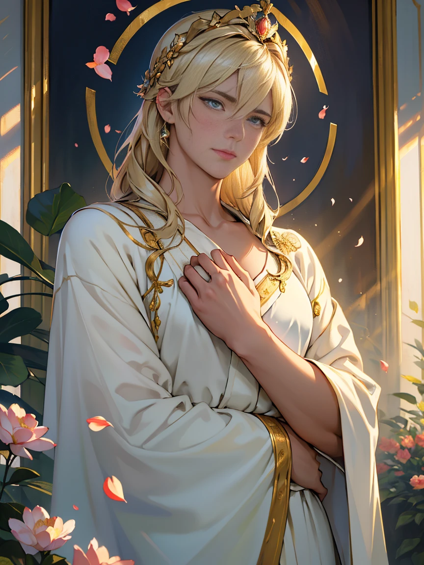 The Eternal Emperor Constantine, 34. A military leader turned emperor. Kindness and strength directed towards his beloved girl. Healing and tranquility.
(material, oil painting),(best quality, highres),(realistic),(portrait),(vivid colors),(soft lighting),(roman empire),(gentle gaze),(peaceful atmosphere),(imperial robe),(strong yet tender),(bright eyes),(serene expression),(golden crown),(majestic presence),(calm demeanor),(serenity),(stern yet gentle),(powerful aura),(peaceful garden),(warm sunlight),(fountain),(flower petals),(golden sunset),(imposing figure),(colorful blooms),(confidence),(protective gesture),(historical),(wisdom),(dignity),(resolute),(leadership),(silken hair),(classic beauty),(cherished love),(romantic affection),(timeless elegance),(eternal bond),(tranquil embrace)