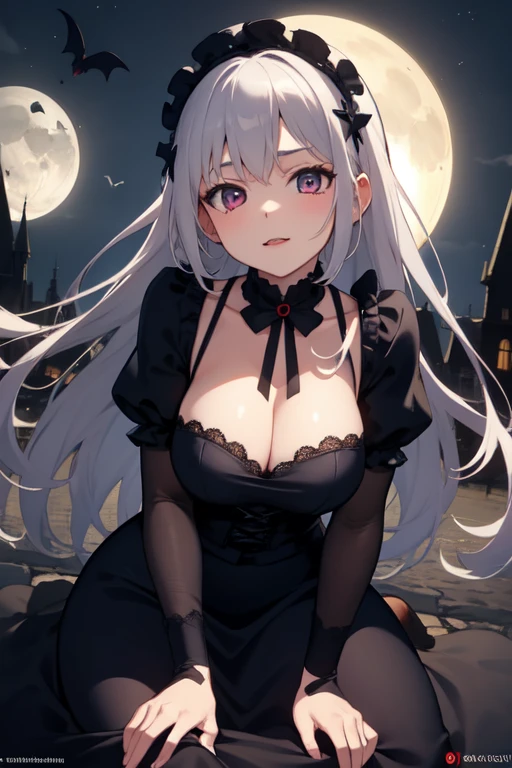 Moonlight shines on the ground，A female vampire wearing gothic lolita costume，，Eyes full of love and looking at you