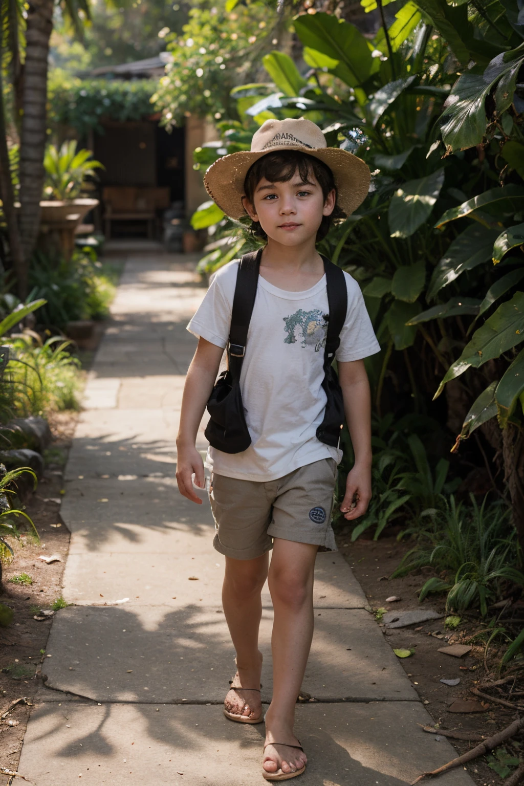 A young boy named Timmy, dressed in a worn-out explorer's hat, takes his first step into the lush, sun-dappled jungle.