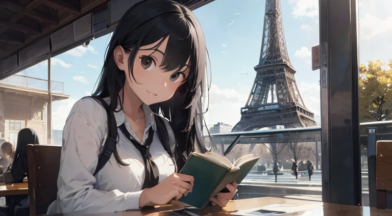 ((best quality)), ((masterpiece)), (detailed), perfect face. A beautiful young woman with long black hair and black eyes siting in a cafeteria and reading a book near Eiffel Tower.