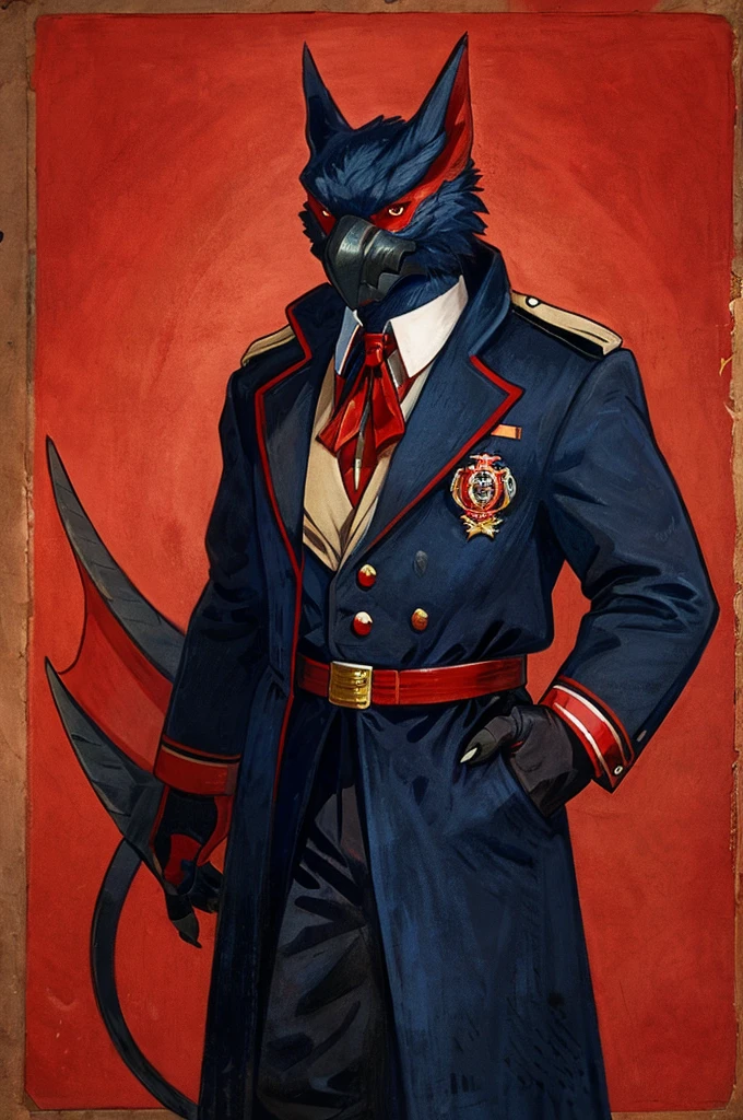 A Nargacuga as a German official posing for a portrait, black-red uniform, fingerless gloves, clawed hands, 1900s photograph, long coat, red outlining, padded fingers, golden-red belt,