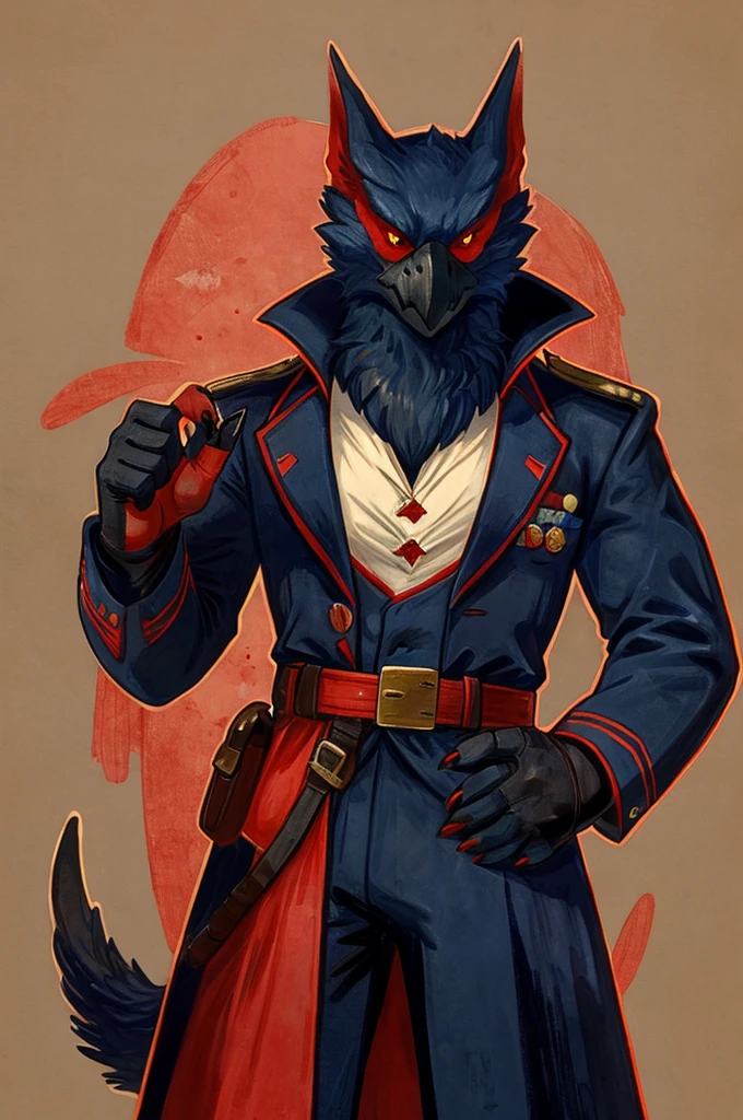 A Nargacuga as a German official posing for a portrait, black-red uniform, fingerless gloves, clawed hands, 1900s photograph, long coat, red outlining, padded fingers, golden-red belt,
