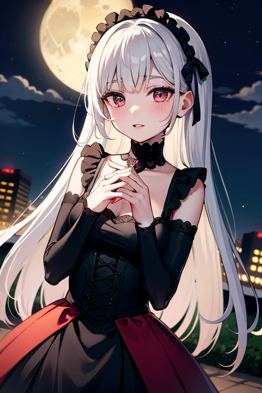 Moonlight shines on the ground,A female vampire wearing gothic lolita costume,,Eyes full of love and looking at you