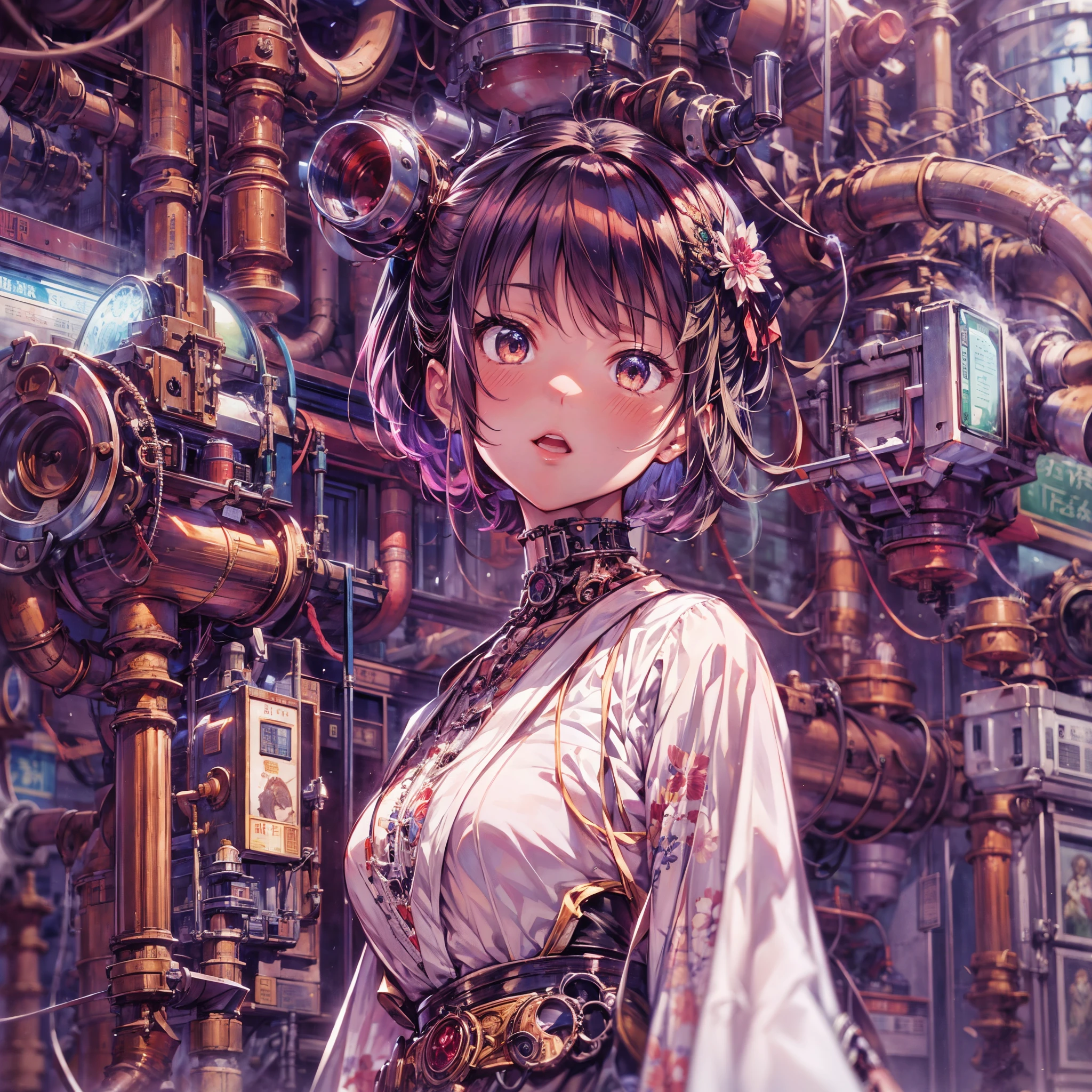 //Style Imagine a scene that combines the elegance of Taisho Romance with the intricate mechanics of steampunk aesthetics, BREAK //Character In the center stands a cute anime-style girl who embodies the spirit of a princess, (Her behavior is like a ruler with sharp eyes), BREAK //Fashion Her clothes are as follows, A modern, colorful fusion of kimono and high-waisted hakama, it is embellished with intricate mechanical details that integrate gears, pistons, and cables, BREAK // Background The background shows a retro-futuristic Japan, with vintage buildings, cylinders, cranks, connecting rods, pumps, and meters, a tangle of pipes and cables all around her, and a muffler spewing white steam, It also enhances the strange and technological atmosphere of the scene.