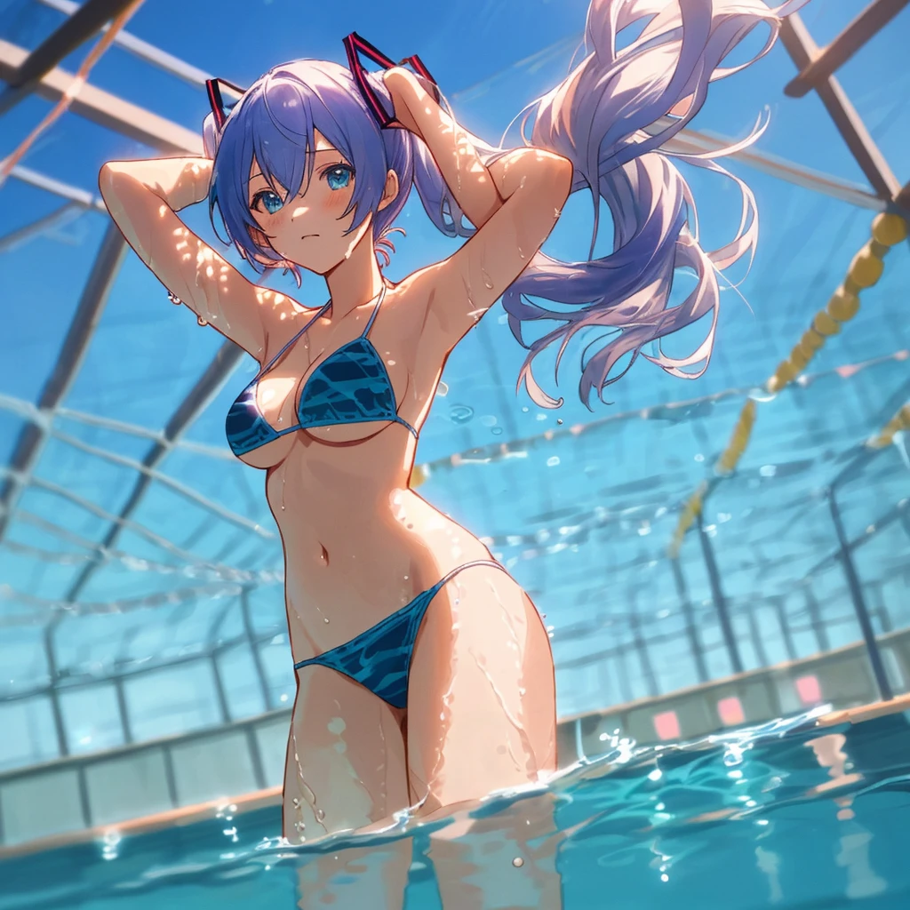 ((masutepiece)), (((Best Quality))), ((Ultra-detailed)), ((Illustration)), ((disheveled hair)), (1 girl), (Solo), Dynamic Angle, thighs thighs thighs thighs, Beautiful detailed sky, Beautiful detailed water, (((swimming-pool))),Beautiful detailed eyes, hairs between eyes (((medium breasts⁩))), (((Arms behind))),(((String bikini))), {{{Miku}}} ,Twin-tailed, (((Miku))), Indigo hair